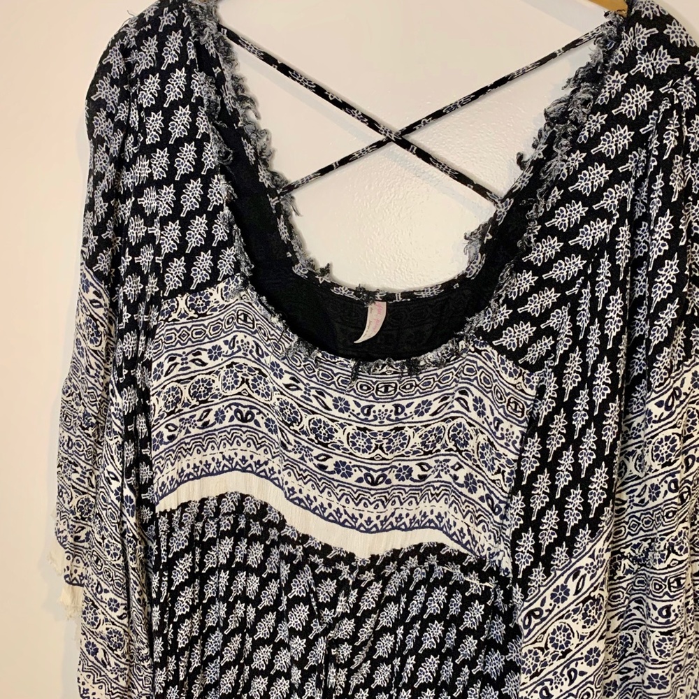 Free People “Heart of Gold” Navy and White Boho Print Mini Dress - Picture 5 of 10